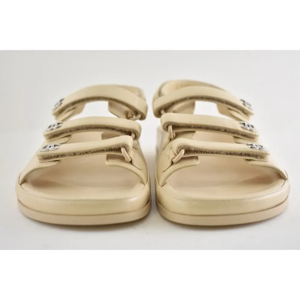 Chanel 24S Beige Leather Triple Strap CC Logo Mule Slide Teva Dad Sandal Flat 41
